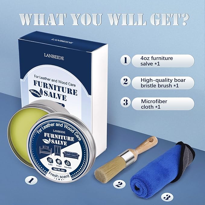 LANBEIDE Furniture Salve with Brush for Leather Wood, Polisher and Conditioner for Leather Couch and Furniture-Repair Salve 4OZ with Brush and Towel