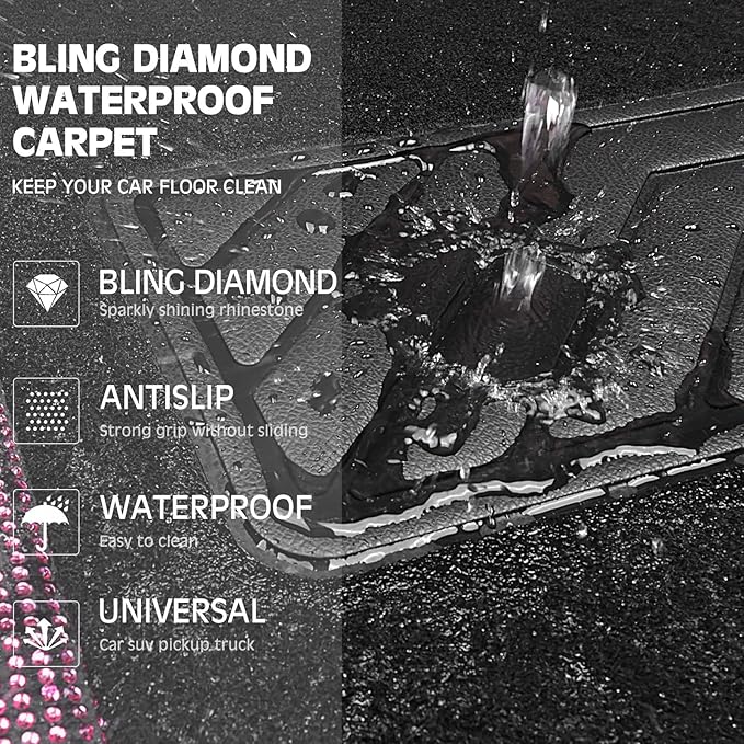 CAR PASS Bling Diamond Leather Steering Wheel Cover 14.5in-15in Floor Mats Shining Rhinestone Carpet Sparkly Glitter Crystal Anti-Slip Pad Fit Automotive SUV Pickup Truck Girl Women, 5pcs Black Pink
