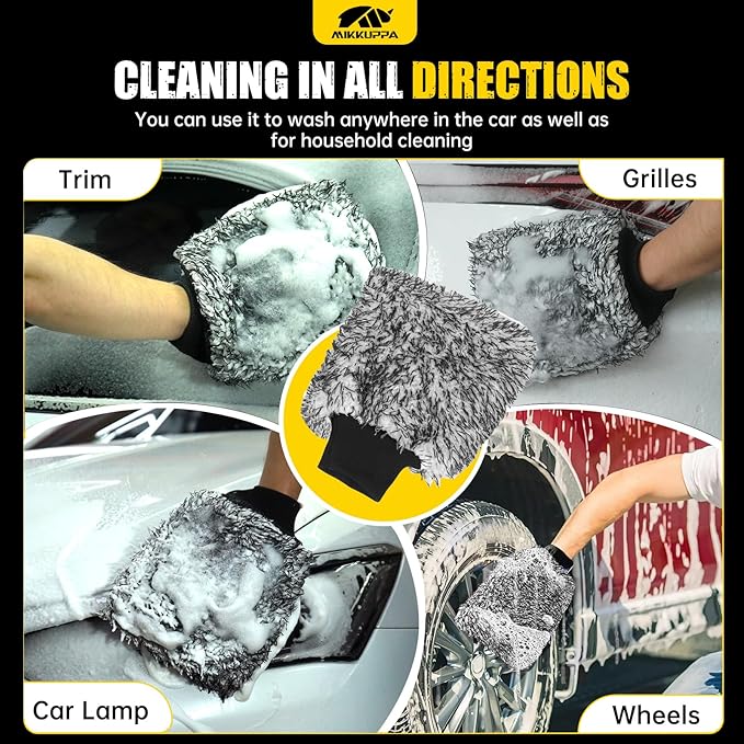 MIKKUPPA Microfiber Car Wash Mitt - Double-Sided Ultra Absorbent Scratch Free Premium Blend Glove for Car Washing Home Cleaning (Black, 2Pack, 11'' x 8'')
