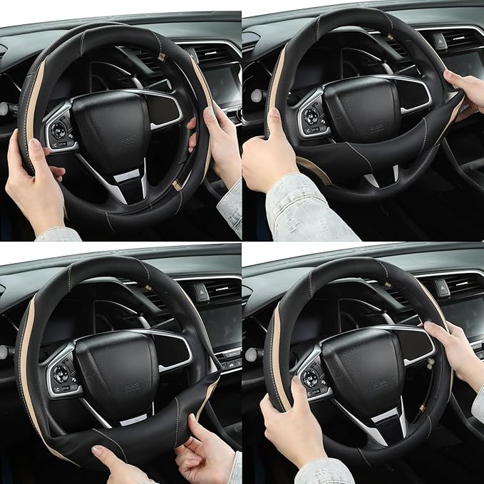 Car Steering Wheel Cover, Leather Steering Wheel Cover Beige Universal 14.5-15 Inch Microfiber Leather Anti-Slip Breathable Auto Steering Wheel Covers for Men Women (Black&Beige)
