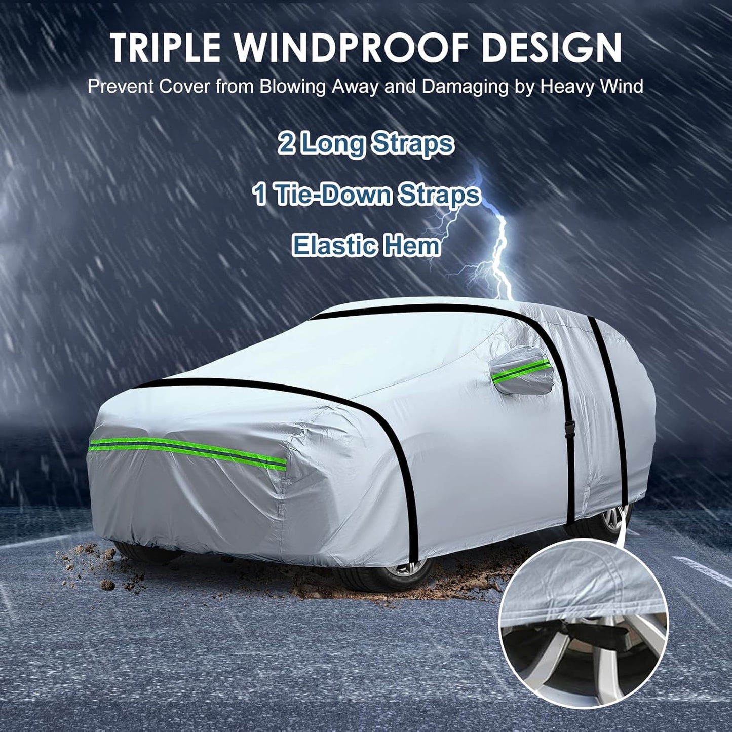 AUQDD 6-Layers Premium Sedan Car Cover Waterproof All Weather Weatherproof UV Sun Protection Snow Dust Storm Resistant Outdoor Exterior Custom Form-Fit Full Padded Car Cover with Straps 188"-198" K3