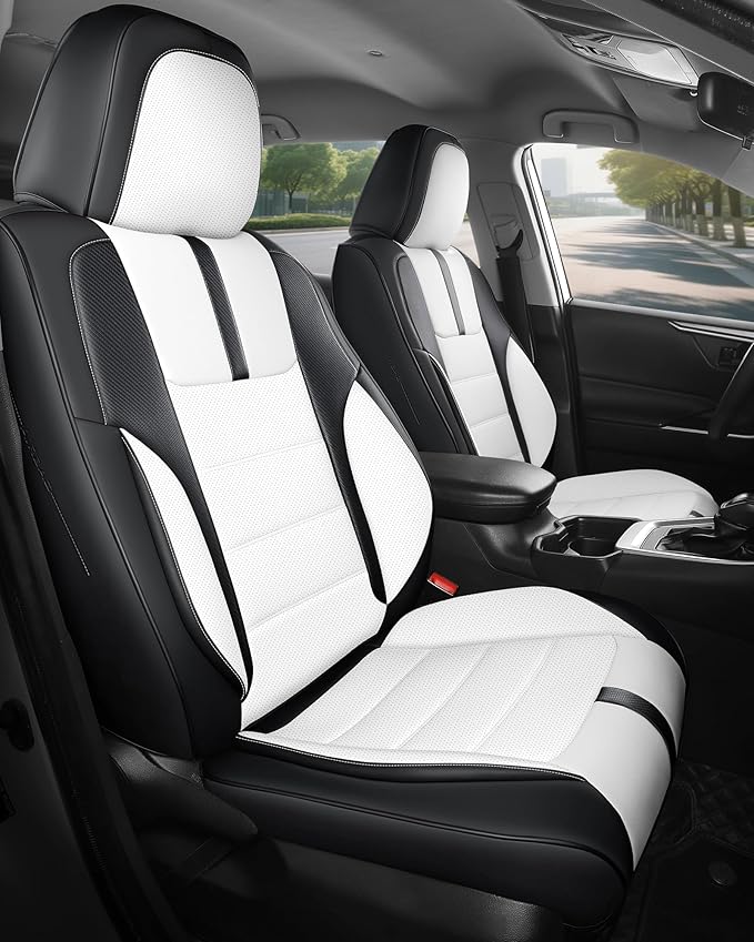 FREESOO Black White Front Car Seat Covers - Faux Nappa Leather Seat Covers for Cars, with Carbon Fiber Texture Seatbelt Pads, Cute Cushion Protectors Fit for Most Vehicles Sedans SUV Trucks Civic