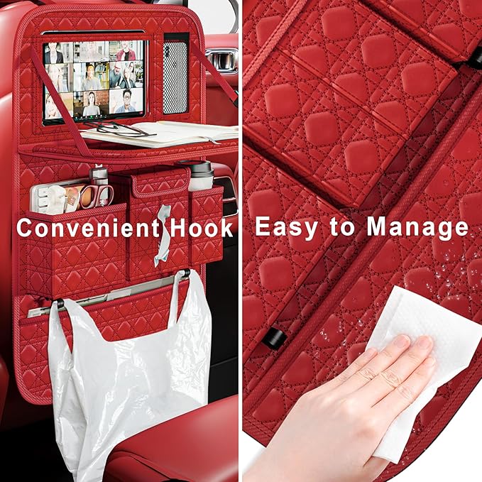 GMQ Backseat Car Organizer 1 Pack, Car Back Seat Organizers with Tray,Multifunctional Car Seat Back Organizer with Foldable Tablet Holder (Red, 1 PC)