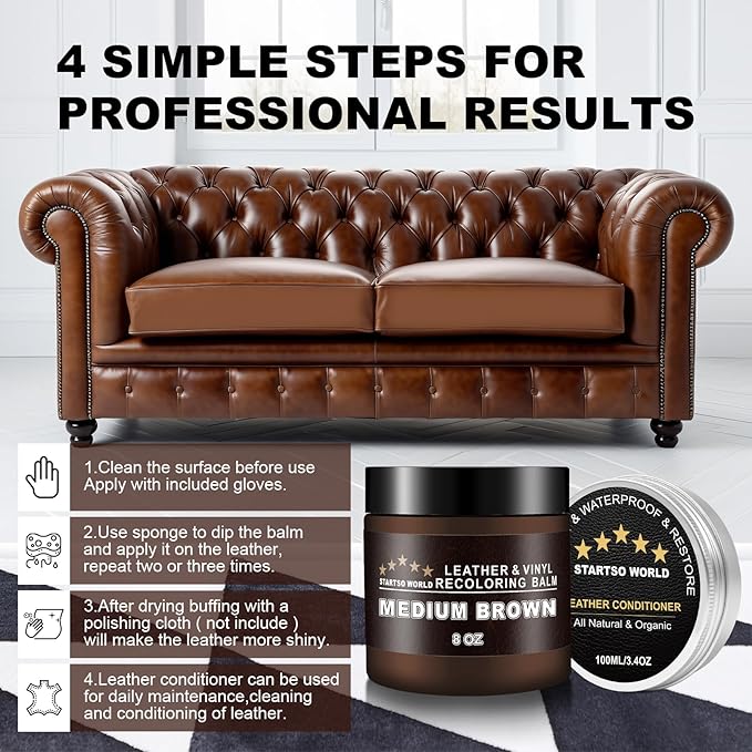 STARTSO WORLD 200Ml Leather Recoloring Balm with 100ML Leather Conditioner, Medium Brown Leather Repair Kit for Furniture, Leather Dye, Leather Scratch Repair, Leather Couch Paint