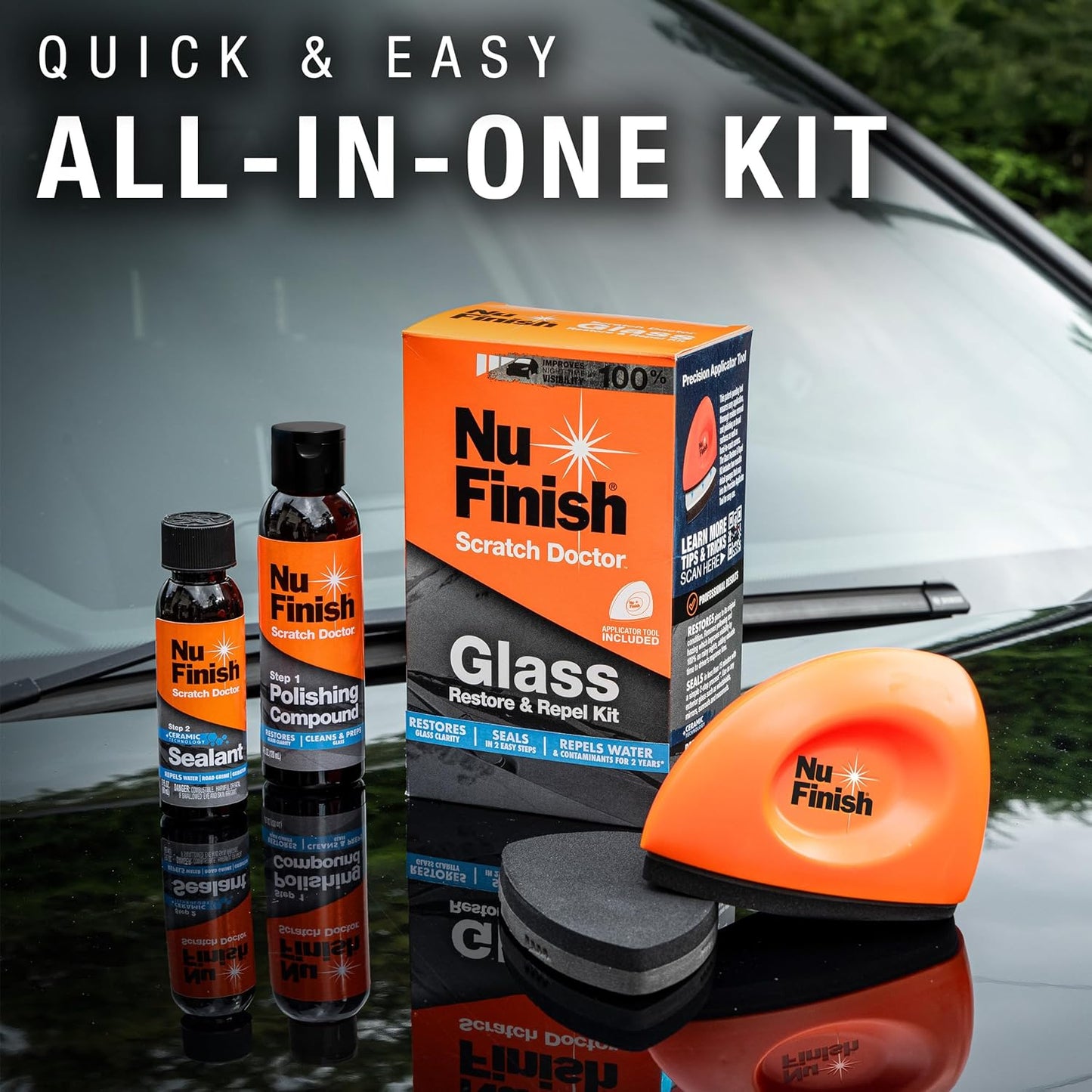 Nu Finish Glass Restore & Repel Kit, Two Step Regimen for Car Windshield, Includes Polishing Compound, Ceramic Sealant, Precision Applicator Tool, and 2 Reusable Sponges