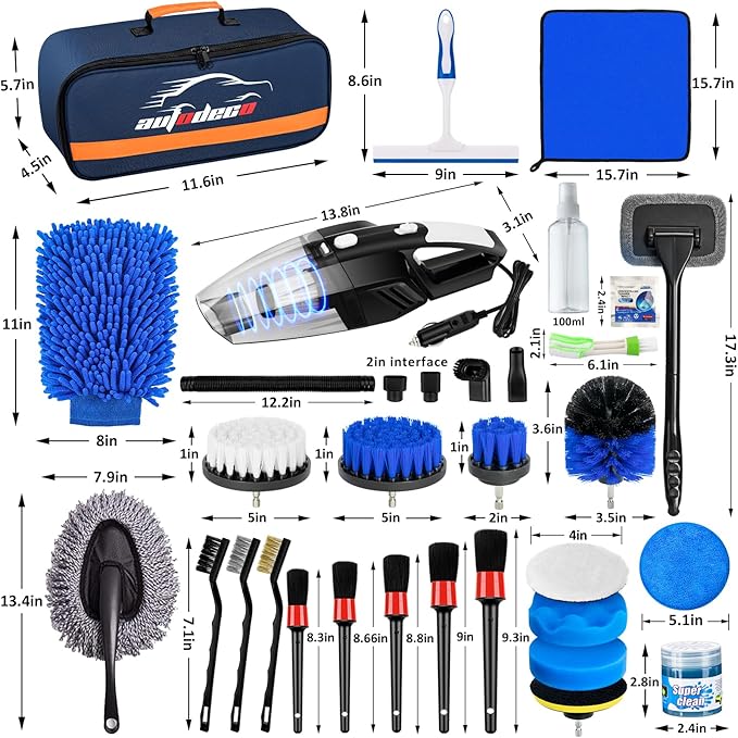 AUTODECO 37Pcs Car Detailing Brush Set, Car Detailing Kit, Auto Detailing Drill Brush Set, Car Detailing Brushes, Car Wash Cleaning Tools Kit with Car Vacuum for Interior, Exterior, Wheels, Blue