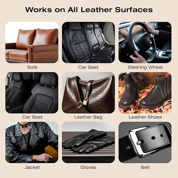 12H Quick-Dry Leather Repair Kit with 3.53Oz Black Leather Recoloring Balm, Filler & 4.23Oz Care Cream, 3-in-1 Vinyl Repair Set for Sofa, Car Seats, Jackets, Purses, Shoes, Faux Leather and More