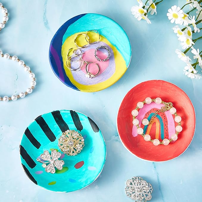 4 Sets Jewelry Dish Making Kit DIY Paint Your Own Ceramic Arts and Crafts Kit Make Your Own Jewelry Bowls Gifts for Birthday Gift Ideas (Round Plate)