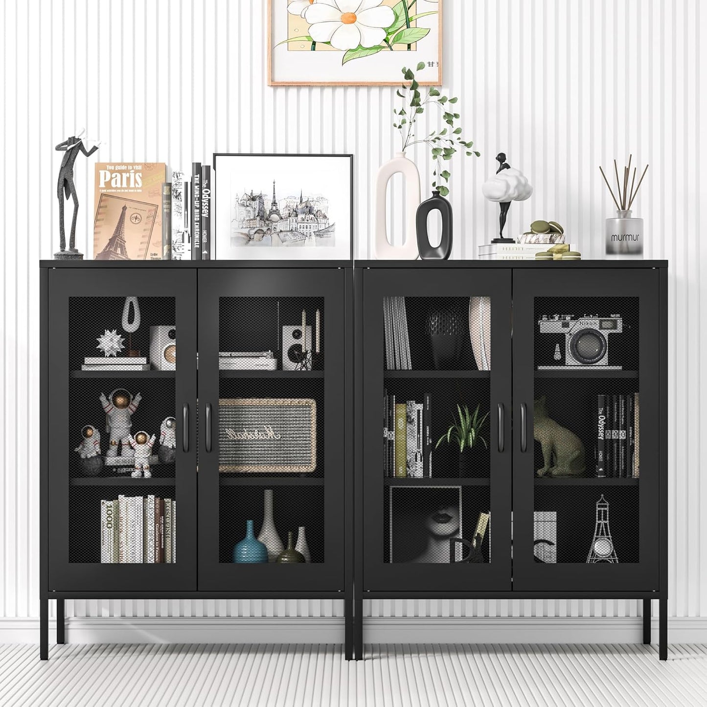 Metal Storage Cabinet with Mesh Doors and Shelves,Multipurpose Storage Rack, 3-Tier Office Cabinet,Metal Locker Style Accent for Home Office,Living Room,Kitchen (Black-mesh, 40''H)