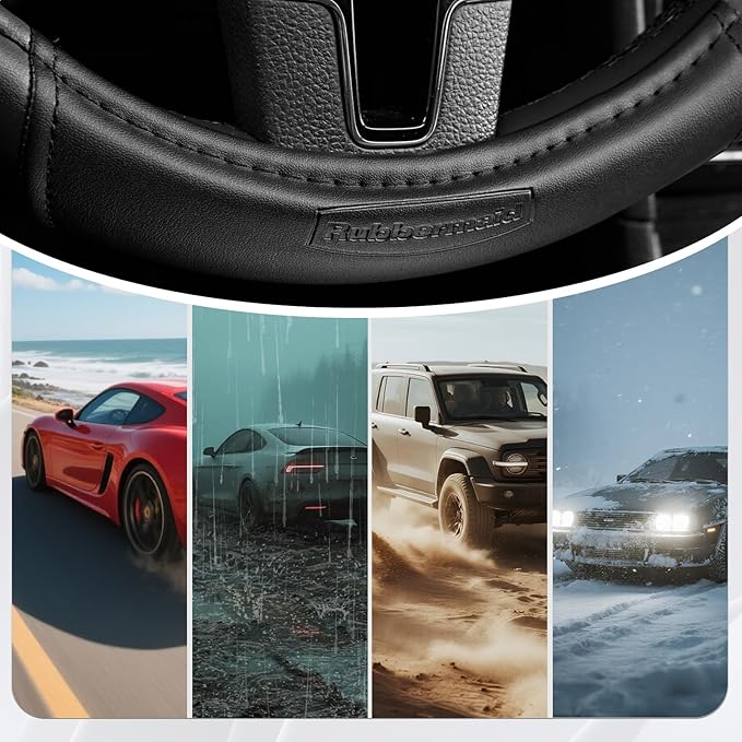 Rubbermaid Steering Wheel Cover – Universal Fit 14.5"–15" Steering Wheel Cover, Anti-Slip Grip, Breathable Leather, All-Season Protection, Interior Upgrade for Cars, Trucks, SUVs - Black