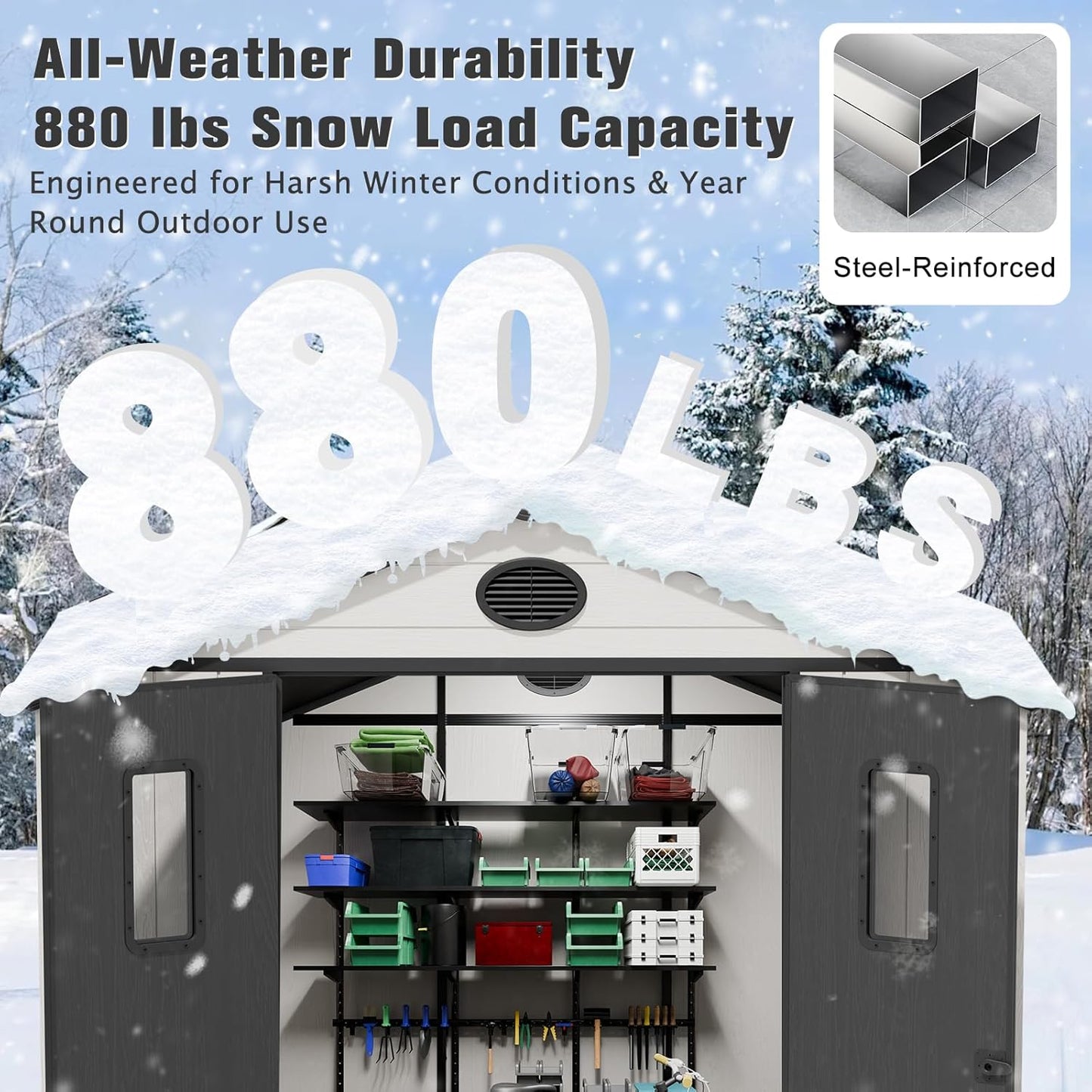 EAGLE PEAK 8x8 Resin Outdoor Storage Shed, Weatherproof Garden Shed with Floor & Lockable Doors, Tool & Equipment Storage for Backyard or Patio, White/Gray