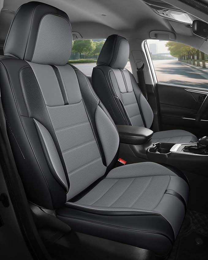 FREESOO Black Gray Front Car Seat Covers - Faux Nappa Leather Seat Covers for Cars, with Carbon Fiber Texture Seatbelt Pads, Luxury Protector Accessories Fit for Most Vehicles Sedans SUV Trucks RAV4