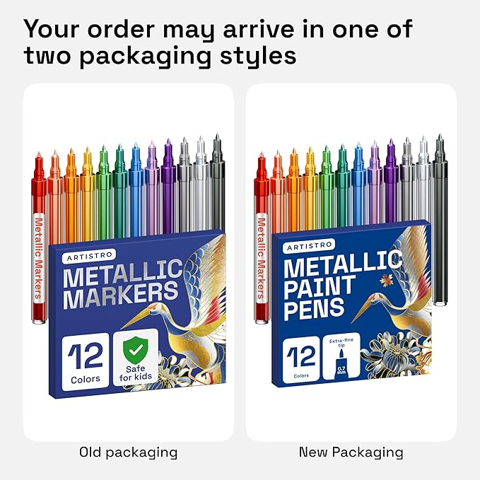 ARTISTRO 12 Metallic Paint Pens for Glass, Rock Painting, Ceramic, Wood, Fabric, Pebbles, Scrapbook Journals, Photo Albums, Card Stocks - Acrylic Paint Markers Extra-Fine Tip 0.7mm