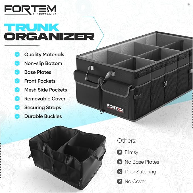 FORTEM Car Trunk Organizer, Collapsible Multi Compartment SUV Organizer, Foldable Storage for Car Accessories for Women Men, 600D Oxford, Non Slip Bottom, Securing Straps, Soft Cover (85L)