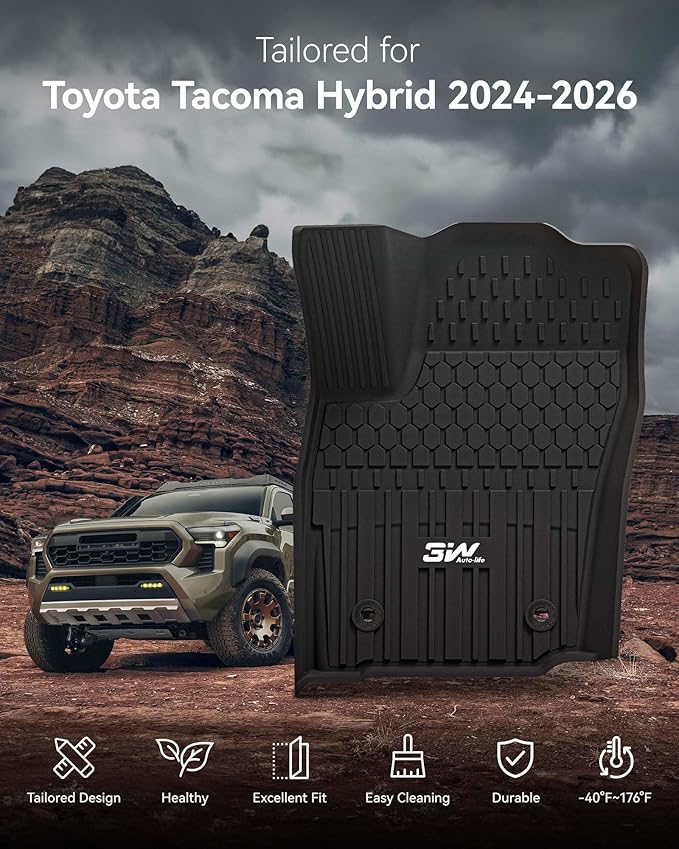 3W Floor Mats Fit for Toyota Tacoma Hybrid 2024 2025 2026, TPE All Weather Custom Fit Floor Liner for Tacoma Accessories 1st and 2nd Row Full Set Car Mats Easy Clean, Black(Only for Hybrid)
