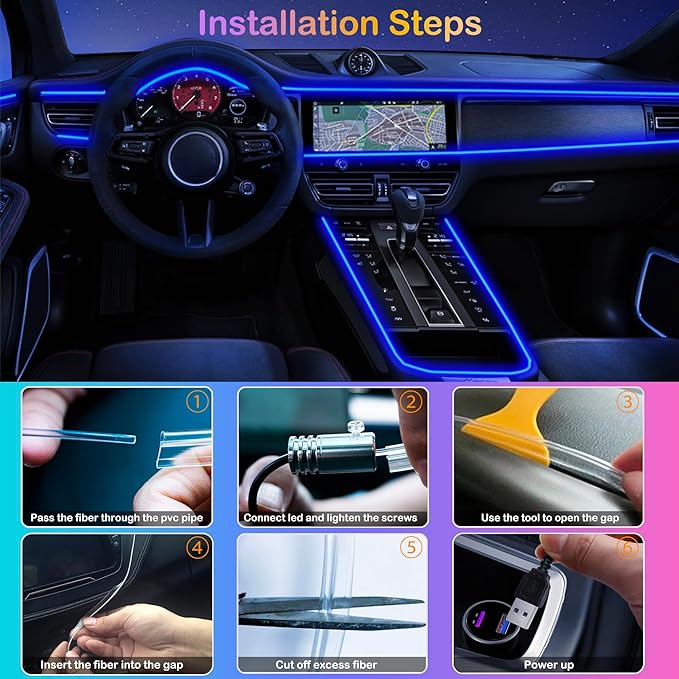 Interior Car LED Strip Lights, RGB 6 in 1 Ambient Lighting Kits with 315 inches Fiber Optic, 16 Million Colors Music Sync USB Car Interior Lights with Wireless APP/Button/RF Remote Control (6 in 1)