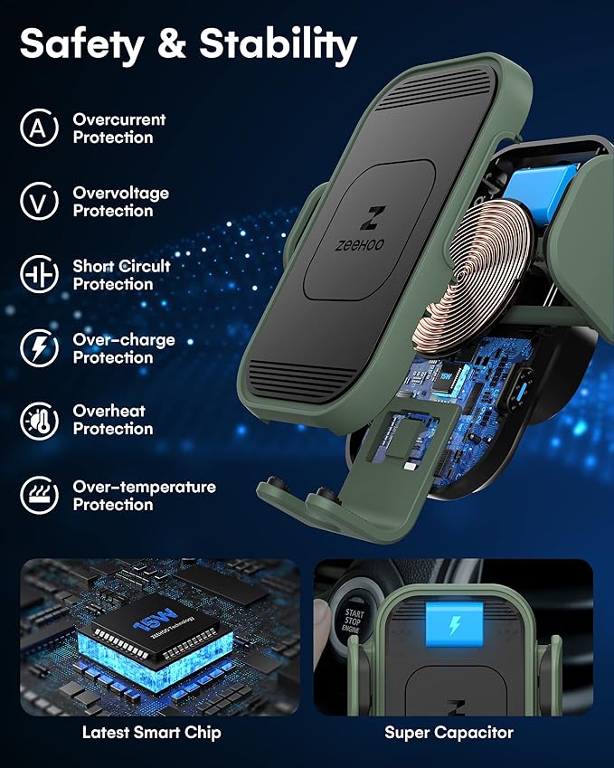 ZeeHoo Wireless Car Charger, 15w Fast Charging, Auto Clamping Car Phone Mount, Cell Phone Holder Charger, for iPhone 17 16 15 14 13 12 11 Pro Max Xs, Samsung Galaxy S23+ S22, Etc.(Grey)