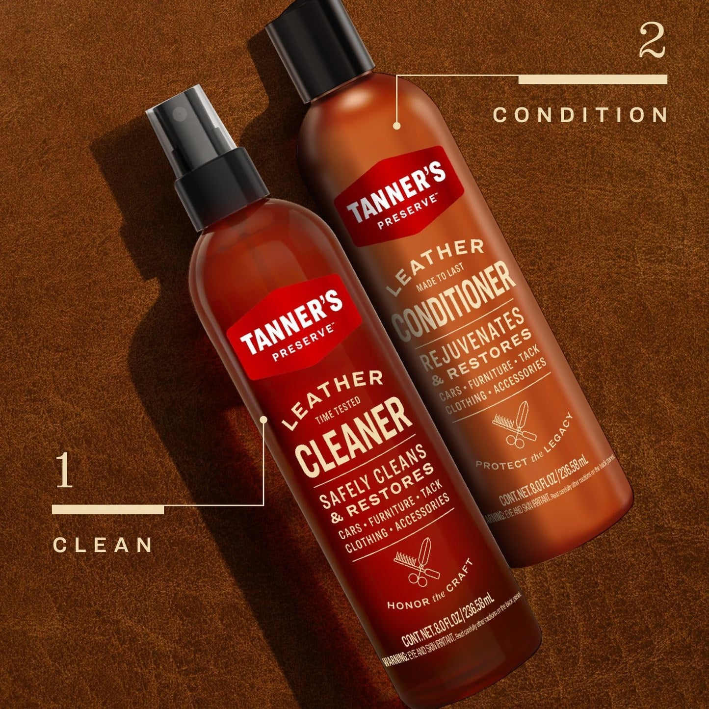 Tanner's Preserve Leather Cleaner, Cleans & Restores Finished Leather, Use for Cars & Interiors, Couches & Furniture, Saddles & More, 8 Fl Oz