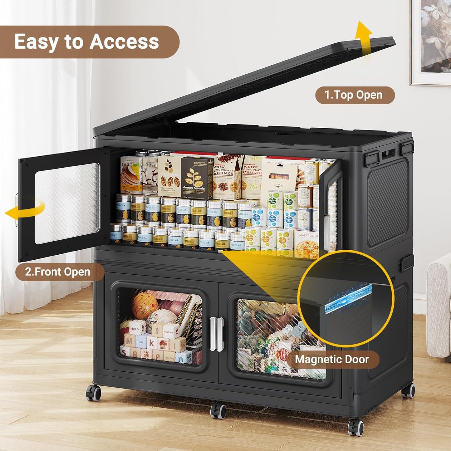 900 Qt Stackable Storage Bin with Lid, 225Gal Extra Large Collapsible Storage Boxes, Folding Plastic Drawer, Heavy-Duty Store Cabinet, Closet Organizer for Home Kitchen, 3 Pack Black