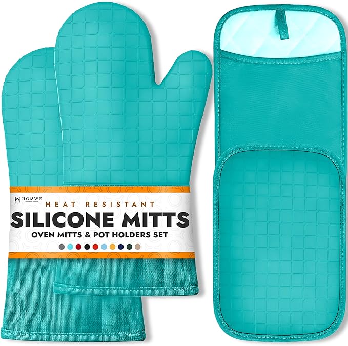 HOMWE Silicone Oven Mitts and Pot Holders for Kitchen & Baking - Set of 4 Heat-Resistant, Heavy-Duty Cooking Mittens w/Non-Slip, Textured Grip