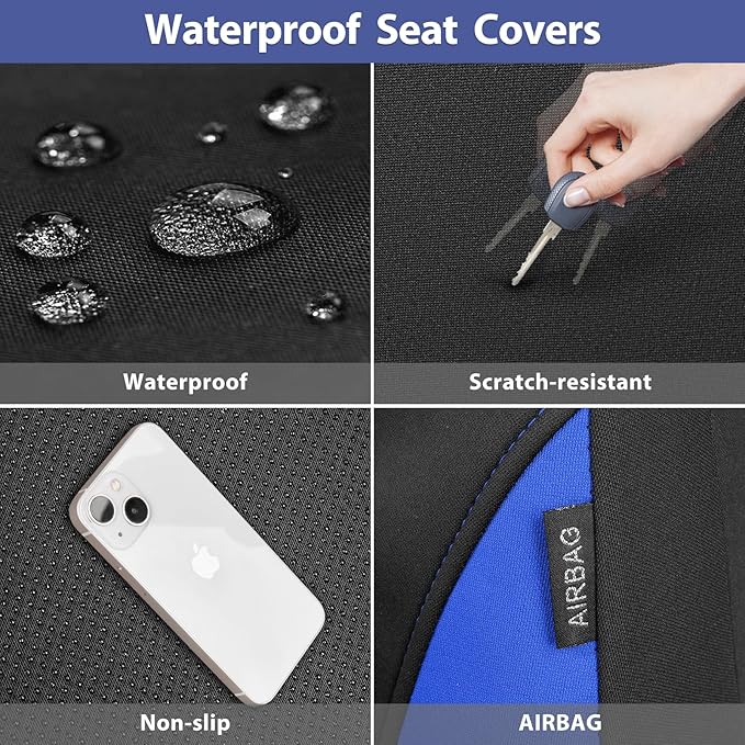 CAR PASS Neoprene Wetsuit Seat Covers, Waterproof Car Seat Covers Full Sets with 5mm Composite EVA, Universal Fit for Car Sedan, SUV Trucks Anti Slip with Airbag Compatible(Black Blue