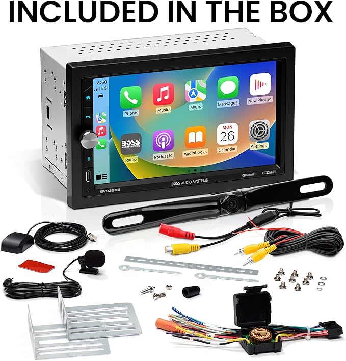 BOSS Audio Systems BVB9358RC Car Stereo – Wireless CarPlay Android Auto, Double Din, 7 Inch Touchscreen, Bluetooth, NO CD DVD Player, AM/FM Radio Receiver, Backup Camera, A/V Input, USB