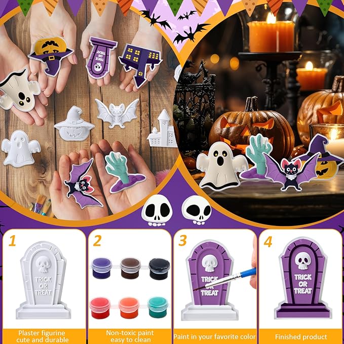 Foilswirl 24 Set Halloween Ceramic to Paint DIY Ghost Tombstone Bat Pumpkin Haunted House Crafts Painting Kit Unpainted Crafts with Brush Bag for Halloween Party Favor Gifts Boo Basket Stuffers