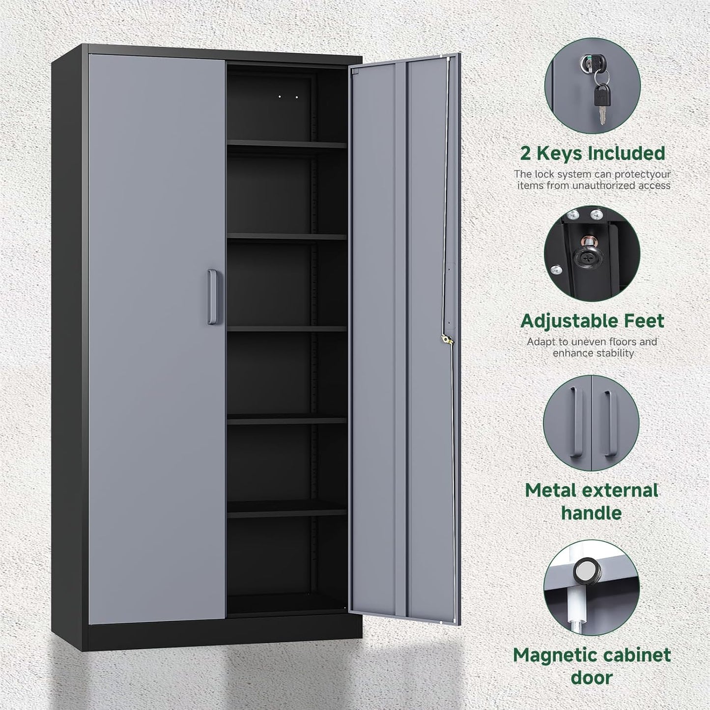 Letaya Metal Storage Cabinets with Lock Door and 5 Adjustable Shelves, Steel Garage Tool Organization Cabinets for Home,Utility Room, Warehouse,Lockers(71"-Black Gray)