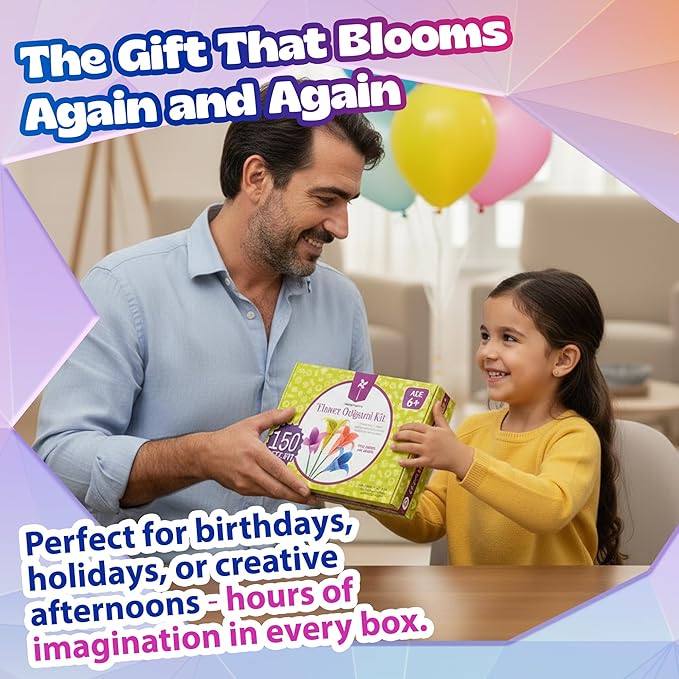 Pinwheel Crafts Flower Origami Kit for Kids Ages 8-12 | 150 Pcs Origami Paper Kit w/Multicolor Folding Papers, Chenille Stems,Buttons and Jewels, Arts and Crafts Paper Book for Kids Ages 6+