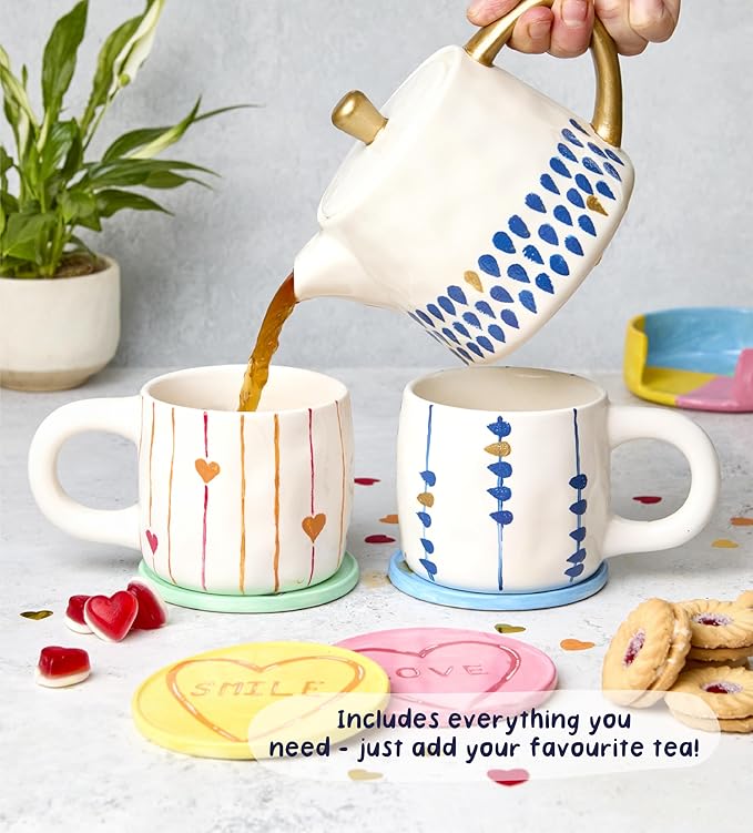 Pott’d Paintables Paint-a-Tea Set, DIY Pottery Painting Kit for Adults with Teapot, Mugs, Coasters, Paints, Brushes, Sponges, Palette and Guide, Craft Kit for Beginners and Tea Lovers