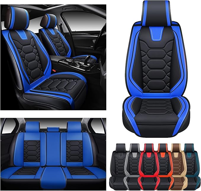 OASIS AUTO Car Seat Covers Premium Waterproof Faux Leather Cushion Universal Accessories Fit SUV Truck Sedan Automotive Vehicle Auto Interior Protector Full Set (OS-004 Black&Blue)