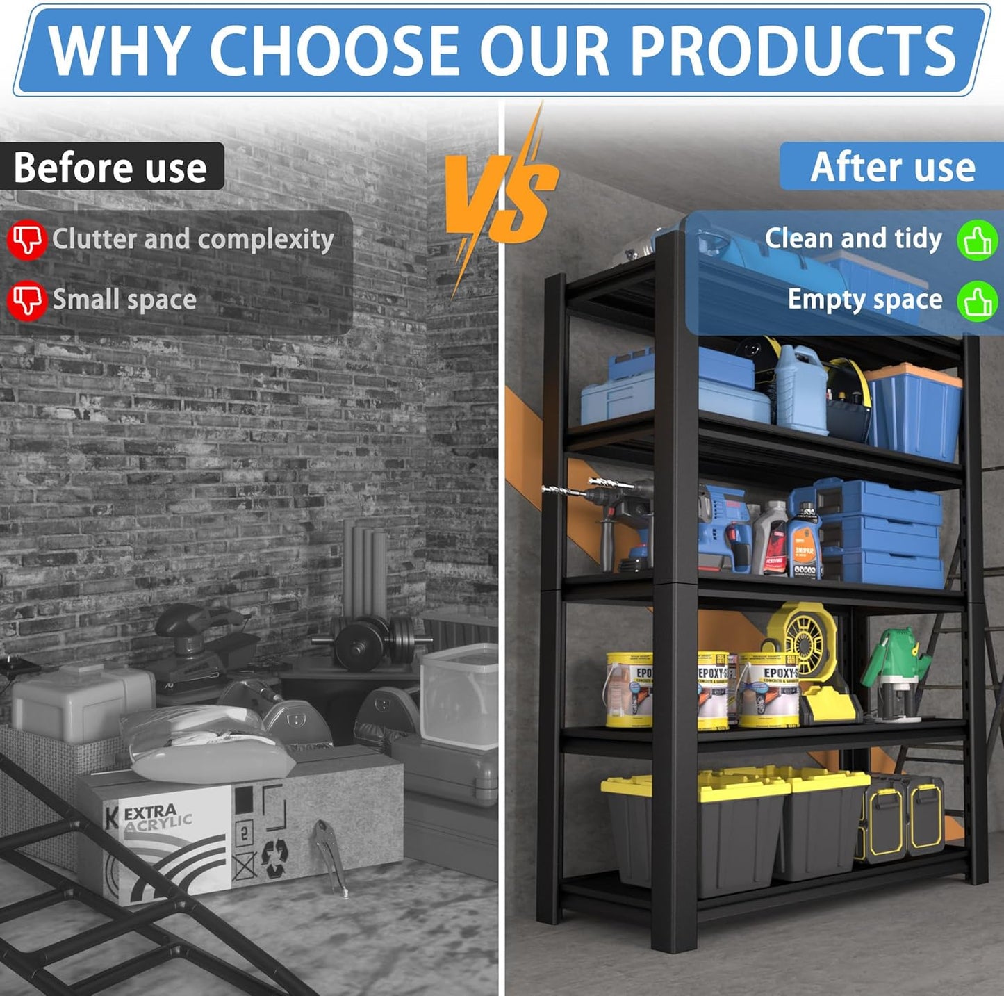 5-Tier Heavy Duty Garage Shelving Unit, 3000 LBS Capacity Metal Storage Rack 72" H x 48" W x 20" D, Adjustable Steel Shelves for Garage, Warehouse, Basement, Pantry, Workshop.2 Pack