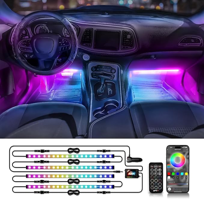 OPT7 Aura DreamColor RGB-IC LED Car Interior Light Strips, 4PC Interior Ambient Lighting Kit, Color Chasing Light Kit w/APP Control & Wireless Remote, Universal for Vehicles SUV Trucks Pickups Van