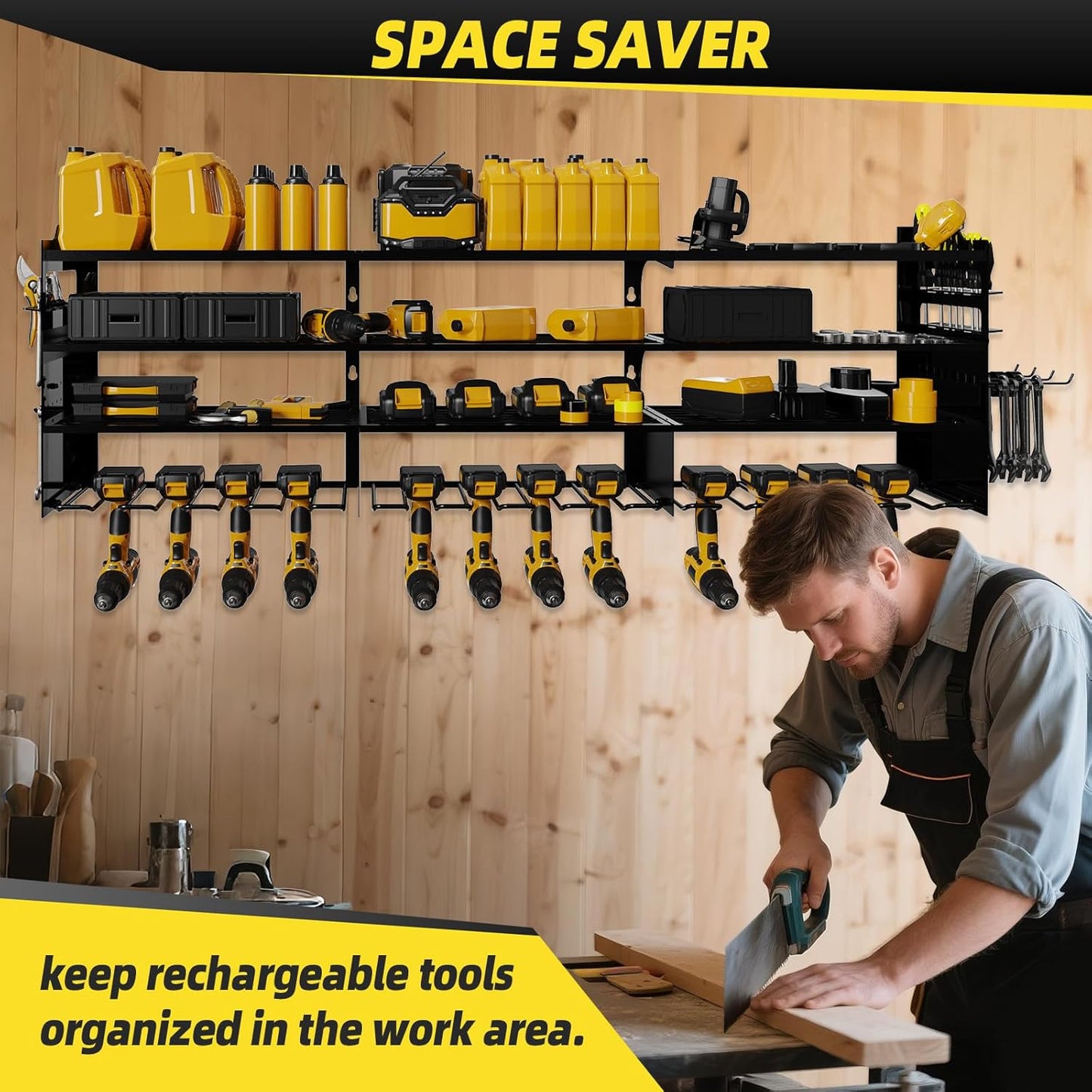 Power Tool Organizer Wall Mount with 12-Drill Holders-800Lbs Load Heavy Duty Metal 4-Layers Garage Storage and Organization Adjustable Battery Tools Rack with Side Panels Utility Racks Gifts for Men