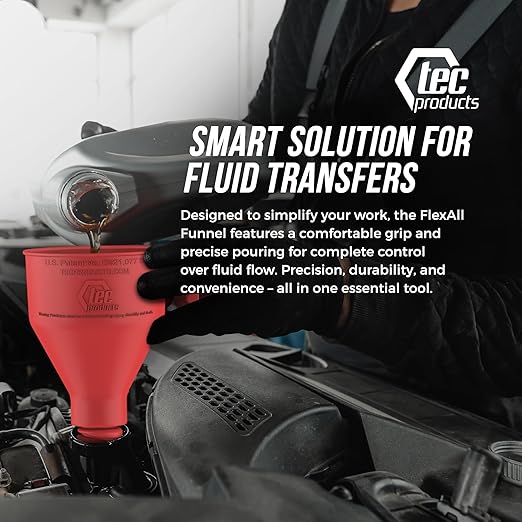 TEC Products FlexAll Long Flexible Funnel for Automotive Use - Durable Nitrile Rubber - Ideal for Car Oil Change, Transmission Funnel Fluid, Diesel, Fuel, Gas - Made in USA - Red (16 x 5 Inches)