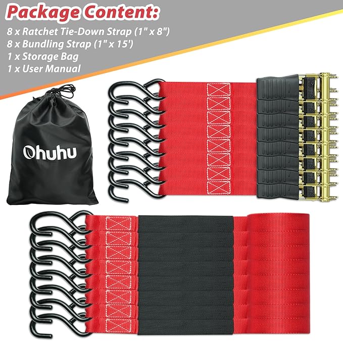 Ratchet Tie Down Strap 8-Pack 15 Ft - 500 lbs Load Cap with 1500 lbs Breaking Limit, Ohuhu Ratchet Tie Downs Logistic Cargo Straps for Moving Appliances, Motorcycle (Red)
