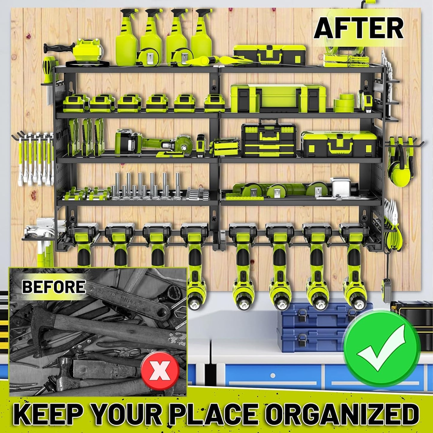 5 Layers Power Tool Organizer Wall Mount, Metal Cordless Tool Storage Rack Holder with 8 Drill Holders, Heavy Duty Garage Wall Tool Shelf for Workshop Tool Room Men Husband Father Gift Black