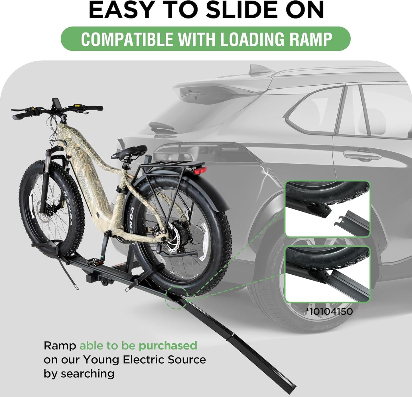 Rockland Aluminum 1-Ebike Rack, 100 lbs Capacity, Single Hitch Mount Electric Bike Rack, Fits up to 5" Fat Tire Width and 50" Wheelbase, Ebike Carrier Rack for 2" Receiver for Cars SUVs Vans RVs