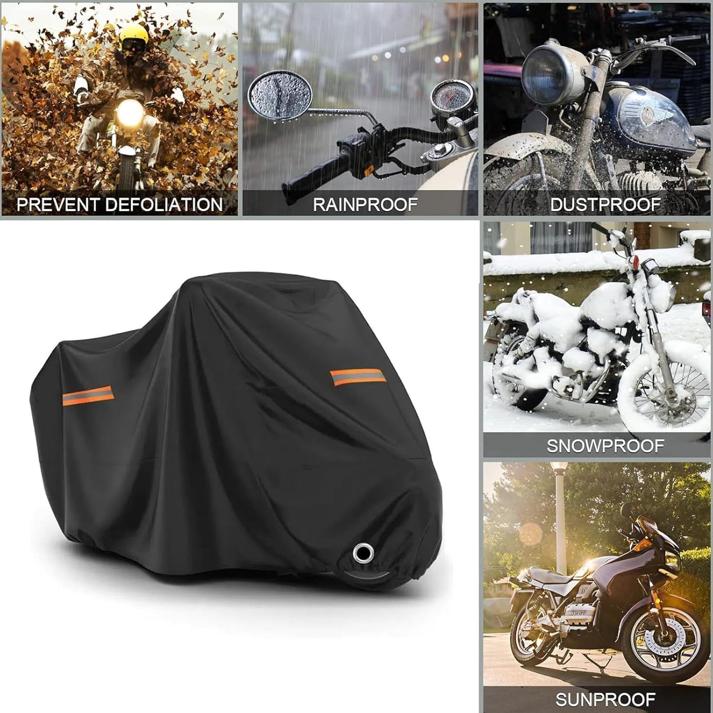 Motorcycle Cover, 210D Oxford Cloth, with Reflective Stripes, Waterproof Outdoor Protection, All-Weather Universal car Cover, with Lock Holes and Storage Bag. (All Black, 116")