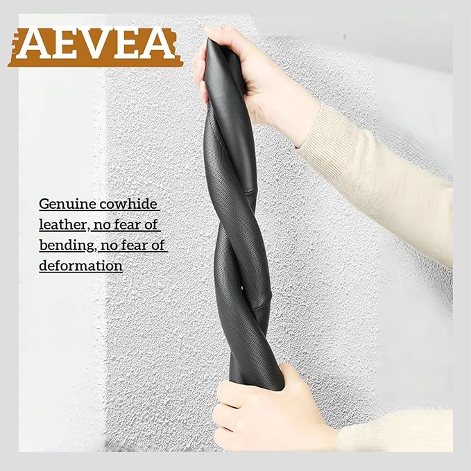 Cowhide Steering Wheel Cover Heat Resistant Anti-Slip Car Wheel Wrap Compatible with Most Makes and Models of Cars and Trucks with 14.5 to 15 Inch Steering Wheel (Black-1)