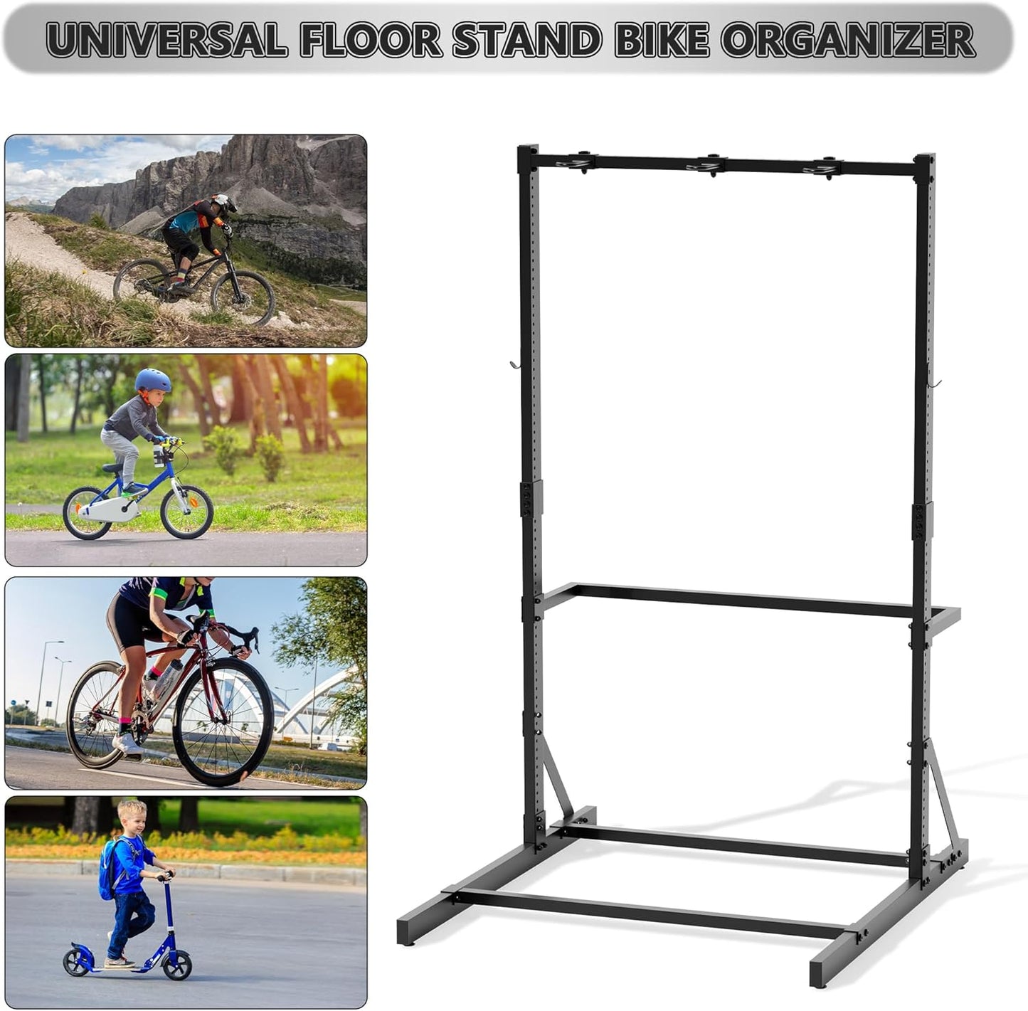 Freestanding Bike Rack for Garage Stroage, 300 Lbs 5 Bikes Storage Rack Steel Vertical Bicycle Rack W/Hooks & Helmet Hooks, Floor Stand Bike Racks for Home and Garage Organizer (4-Bike Rack)
