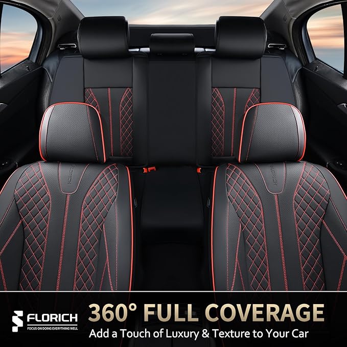 FLORICH Leather Seat Covers, Car Seat Covers Front Seats Back Seat Cover 5 Seats Automotive Seat Covers Leather Seat Covers for Cars Universal Fit for Most Cars SUV Trucks, Black&Red Line