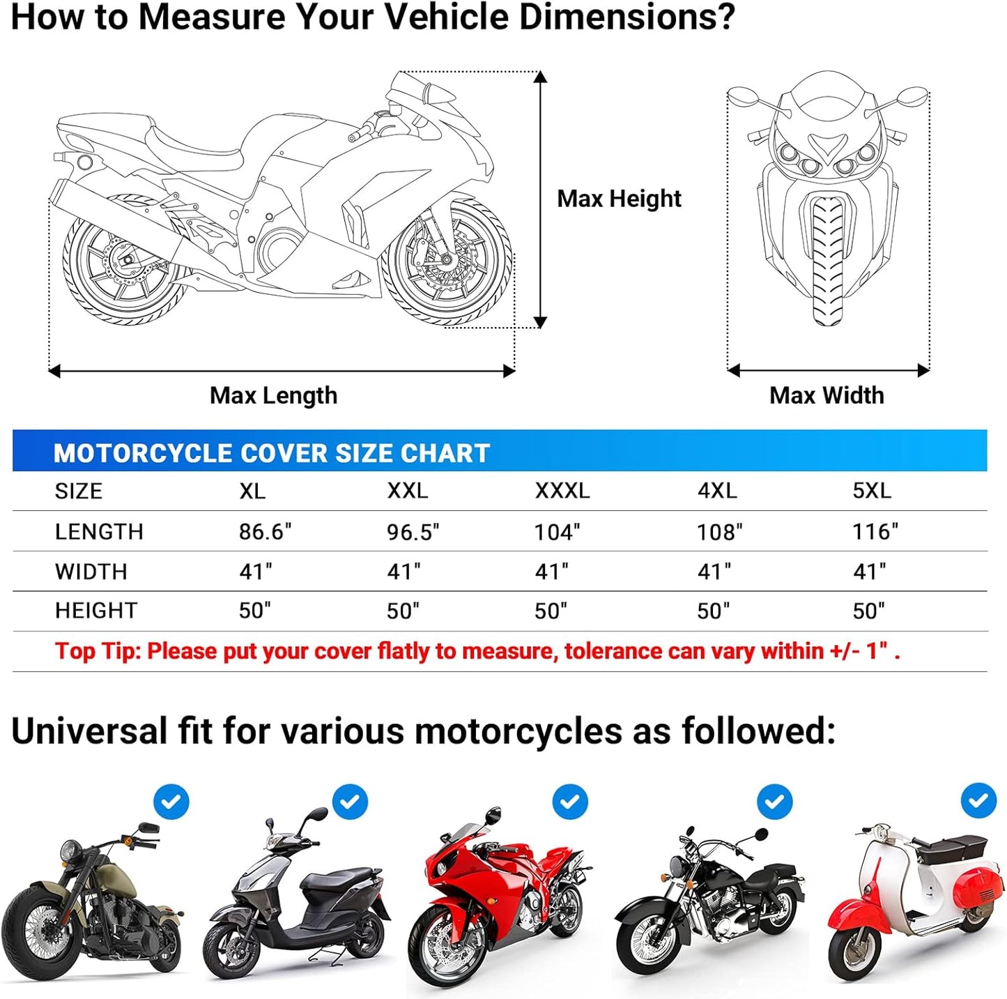 Favoto Motorcycle Cover 104 inches Length All Season Universal Weather Waterproof Rain Sun Outdoor Protection Night Reflector with Lock-Holes & Storage Bag Motorbike Vehicle Cover, Blue