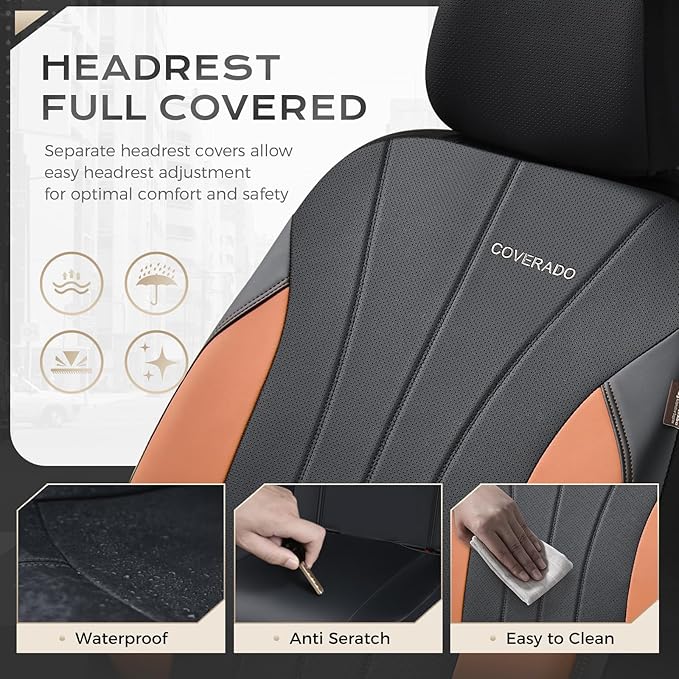 Coverado Car Seat Covers Full Set, Automotive Front and Rear Seat Covers, Leather Car Seat Covers Full Set 5 Seats, Airbag-Compatible, Brown Seat Covers for SUV Sedan Truck