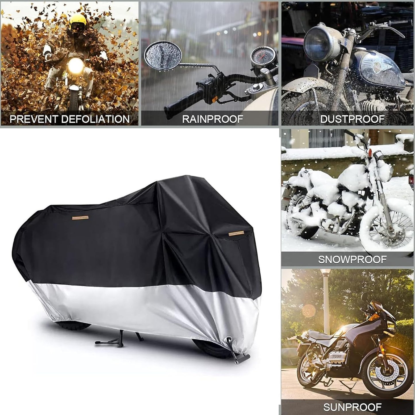 Motorcycle Cover, 210D Oxford Cloth, with Reflective Stripes, Waterproof Outdoor Protection, All-Weather Universal car Cover, with Lock Holes and Storage Bag. (Black Silver, 96.5")
