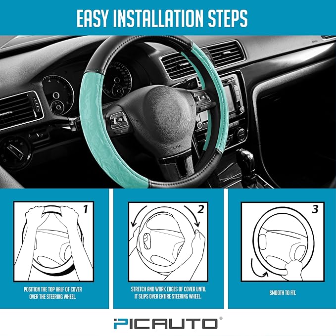 PIC AUTO Steering Wheel Cover, Silk Grain Leather Car Steering Wheel Protector, Comfortable Grip, Universal 14.5-15.5 Inch Anti-Slip Steering Wheels Accessories for Men & Women (Mint)