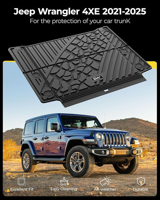 3W Cargo Liner Custom Fit for Jeep Wrangler 4XE 2021 2022 2023 2024 2025 Hybrid 4 Door (Non JL or JK), All Weather Waterproof TPE Rubber Heavy Duty Trunk Mat, Black