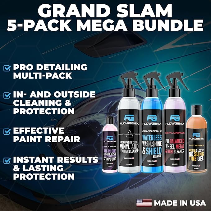 Grand Slam 5-Pack - Waterless Car Wash Detailing Spray, Tire Shine Gel, Scratch Remover, Wheel Metal Rust Cleaner, Interior Cleaner & Protector, 2 Microfiber Towels