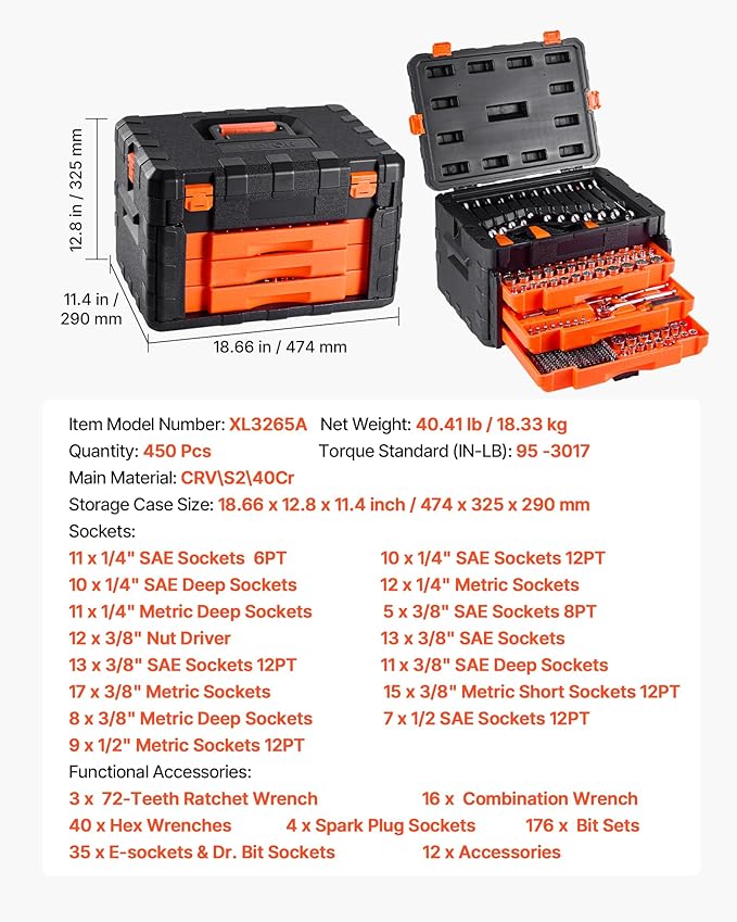 VEVOR Mechanics Tool Set and Socket Set, 450 Pcs, 1/4, 3/8 and 1/2 inch Drive Deep and Standard Sockets, SAE Metric Mechanic Tool Kit with Bits, Wrenches, Accessories, Storage Case with Orange Drawer