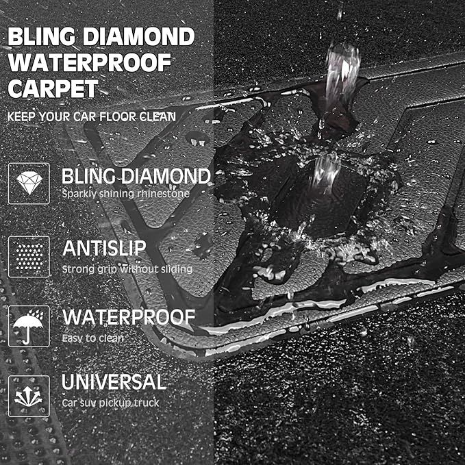 CAR PASS Bling Diamond Leather Steering Wheel Cover 14.5in-15in Floor Mats Shining Rhinestone Carpet Sparkly Glitter Crystal Anti-Slip Pad Fit Automotive SUV Pickup Truck Girl Women, 5pcs Black